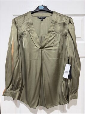 Liverpool Jeans Company Satin V-Neck Blouse in Olive
